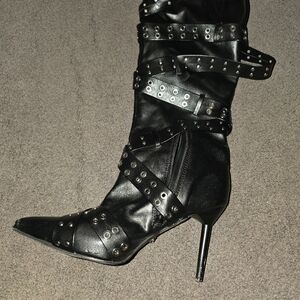 AKIRA Black Rivet Heeled Boots
